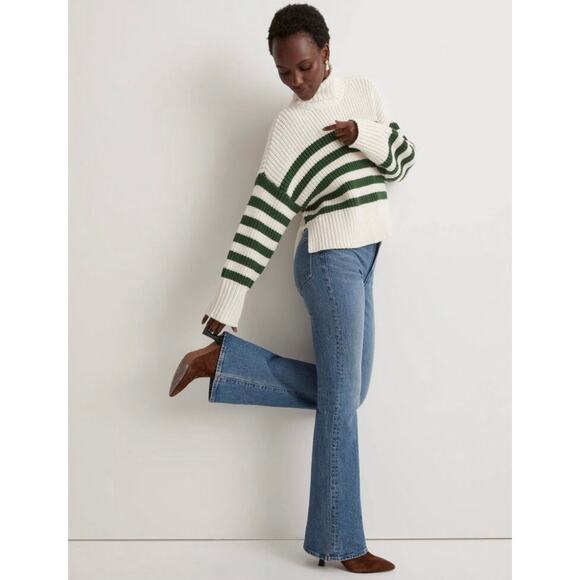 Madewell Antique Cream and Green Varsity Wide Rib Turtleneck Sweater NWOT Small - Picture 2 of 11